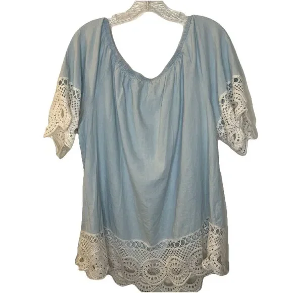 Unique Spectrum Top Womens 2X Plus Size Light Blue Lace Trim Boho Artsy - Picture 6 of 9